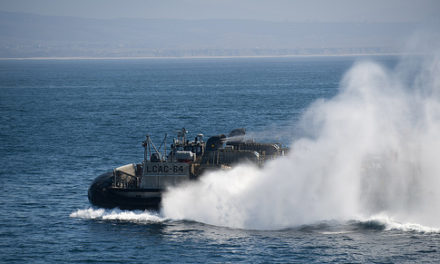 A Landing craft air cushioned (LCAC) departs the well deck of the amphibious transport dock ship USS New Orleans (LPD 18)